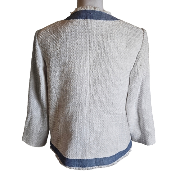 Talbots Petites White Denim Tweed Blazer Jacket Size 12P Button Up Fringed Chic - Picture 9 of 16